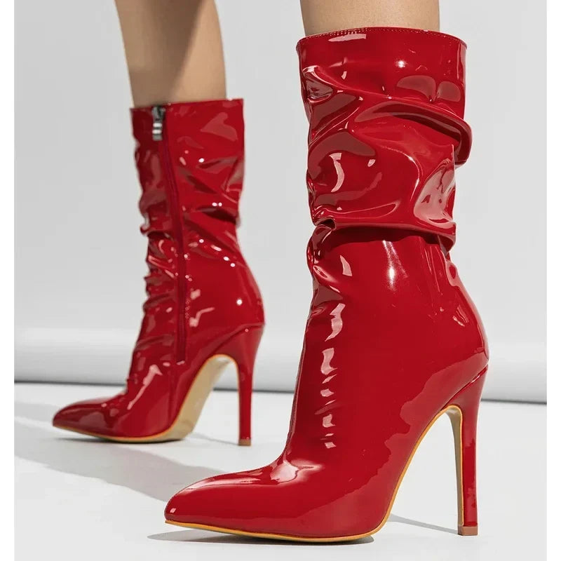 Sexy Pointed-Toe Patent Leather High-Heel Ankle Boots