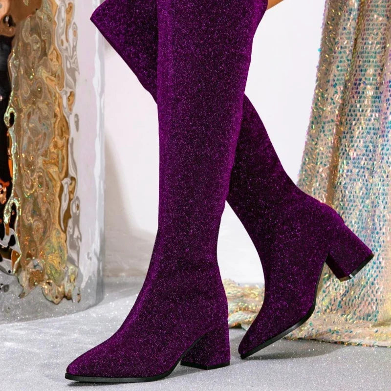 Sexy Purple Pointed Toe Botas Largas Mujer Luxury Sequins Square Heel Back Zipper Designer Boot Big