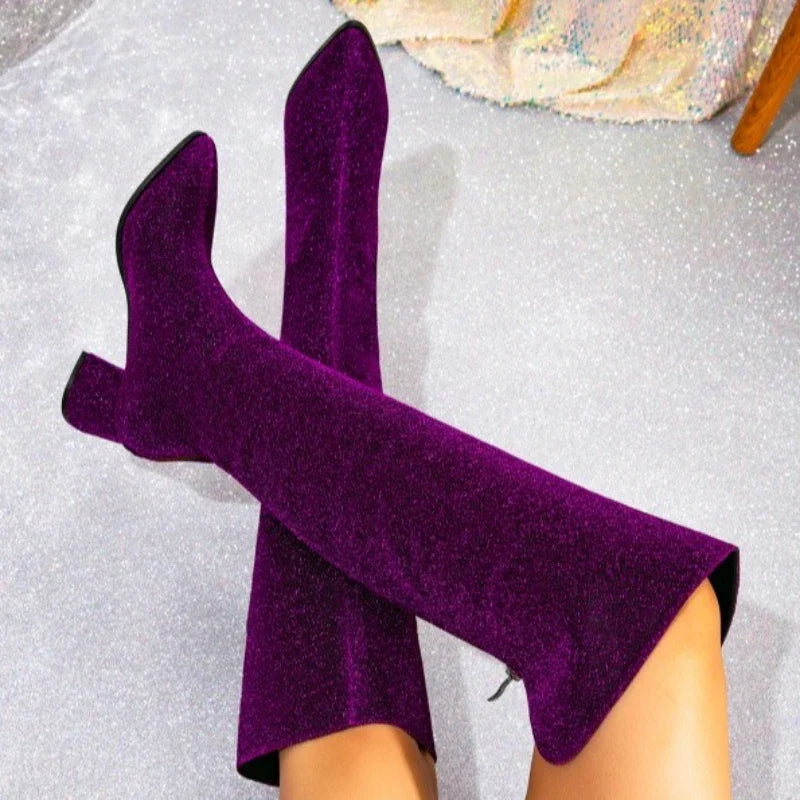 Sexy Purple Pointed Toe Botas Largas Mujer Luxury Sequins Square Heel Back Zipper Designer Boot Big