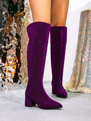 Sexy Purple Pointed Toe Botas Largas Mujer Luxury Sequins Square Heel Back Zipper Designer Boot Big