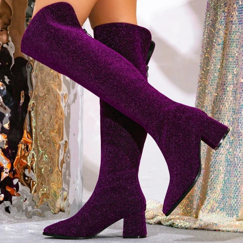 Sexy Purple Pointed Toe Botas Largas Mujer Luxury Sequins Square Heel Back Zipper Designer Boot Big