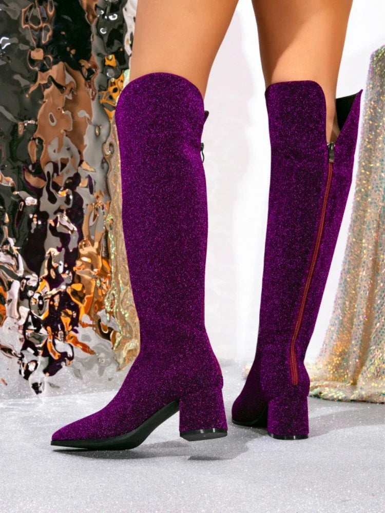 Sexy Purple Pointed Toe Botas Largas Mujer Luxury Sequins Square Heel Back Zipper Designer Boot Big