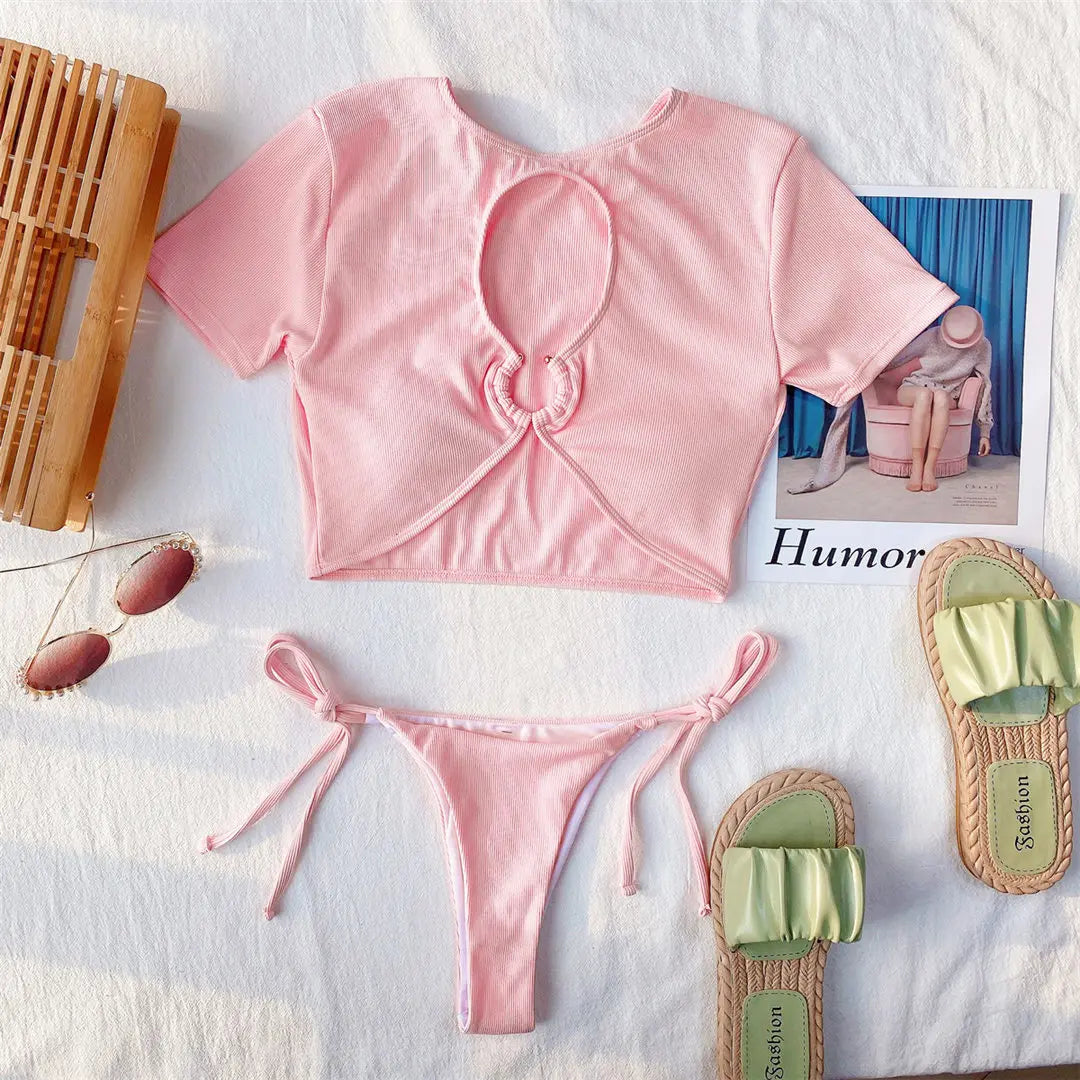 Ribbed High Neck Short Sleeves Bikini Two-pieces Bikini Set