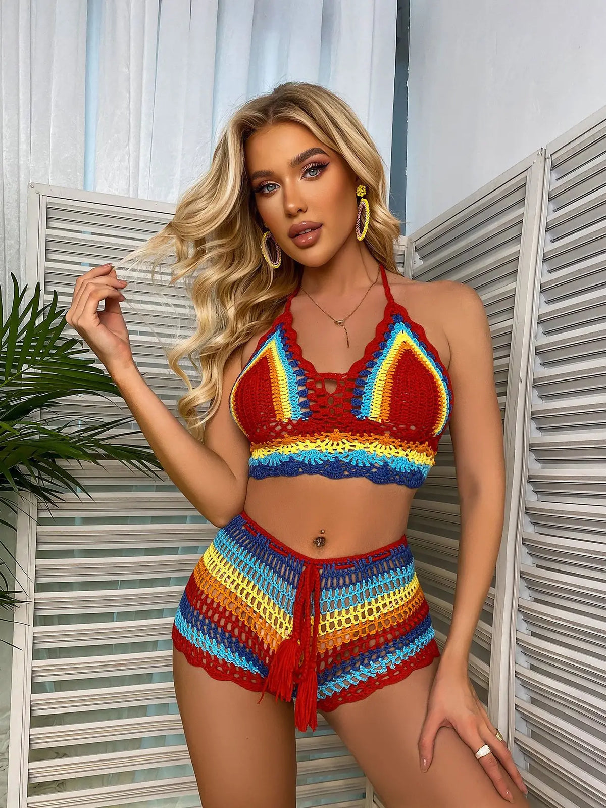 Striped Halter Bikini Color-Block Two-Piece with Crisscross Back Tieswear Halter Boho