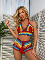 Striped Halter Bikini Color-Block Two-Piece with Crisscross Back Tieswear Halter Boho