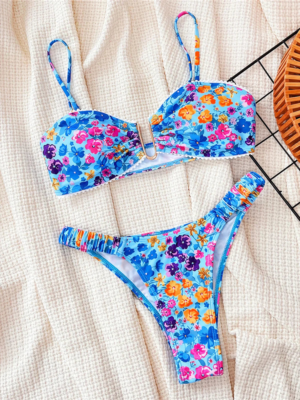 U Neck Flowers Printed Wrinkled Bikini Two-pieces Bikini Set