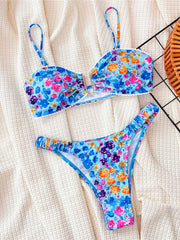 U Neck Flowers Printed Wrinkled Bikini Two-pieces Bikini Set
