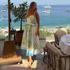 Sexy Adjustable Spaghetti Straps Lemon Print Summer Dresses