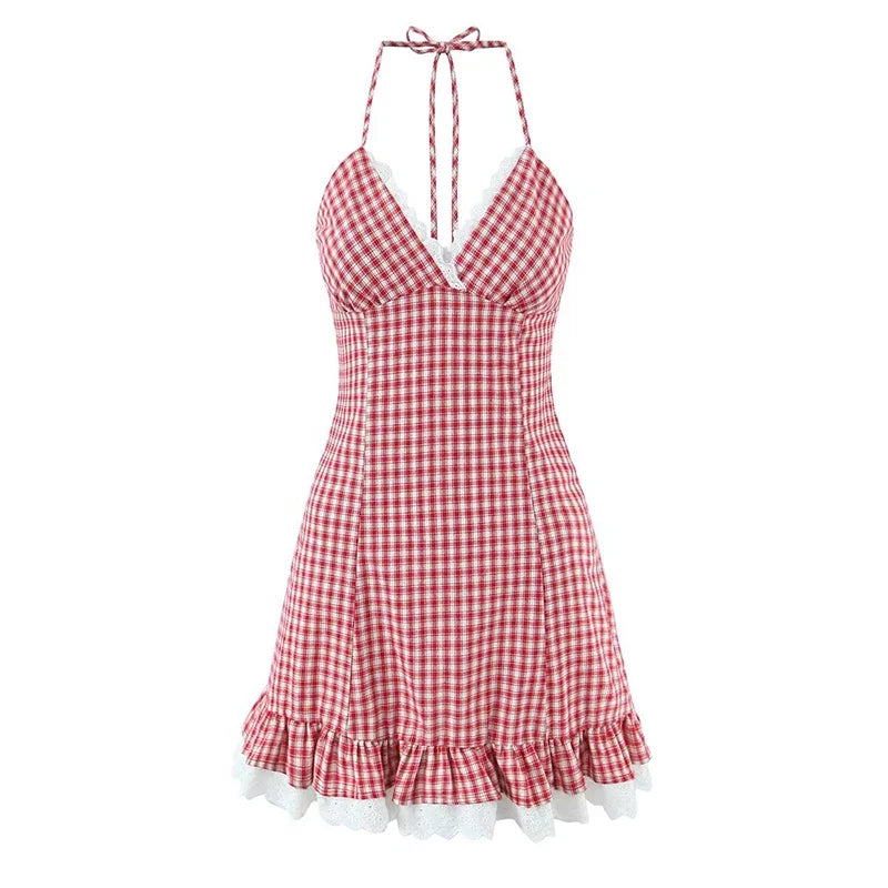 Sexy Backless Halter Mini Plaid Dresses