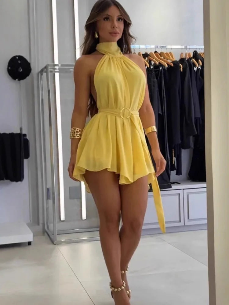 Halter Neck Strap Solid Color Waist-Cinching Short Dresses