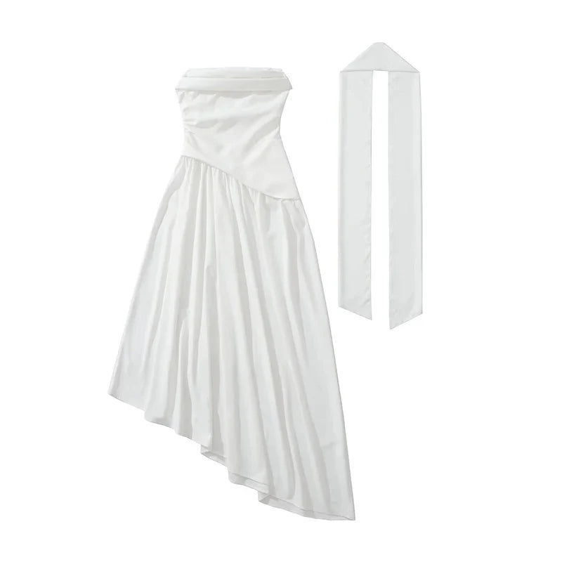 Elegant Pink White Party Evening Strapless Dresses With Scarf Pleated Asymmetric Hem Lace Up Vacation Wedding Dress