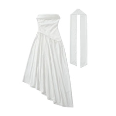 Elegant Pink White Party Evening Strapless Dresses With Scarf Pleated Asymmetric Hem Lace Up Vacation Wedding Dress