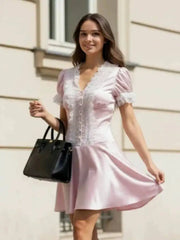 Satin V-neck Bubble Sleeve Lace Patchwork Dresses