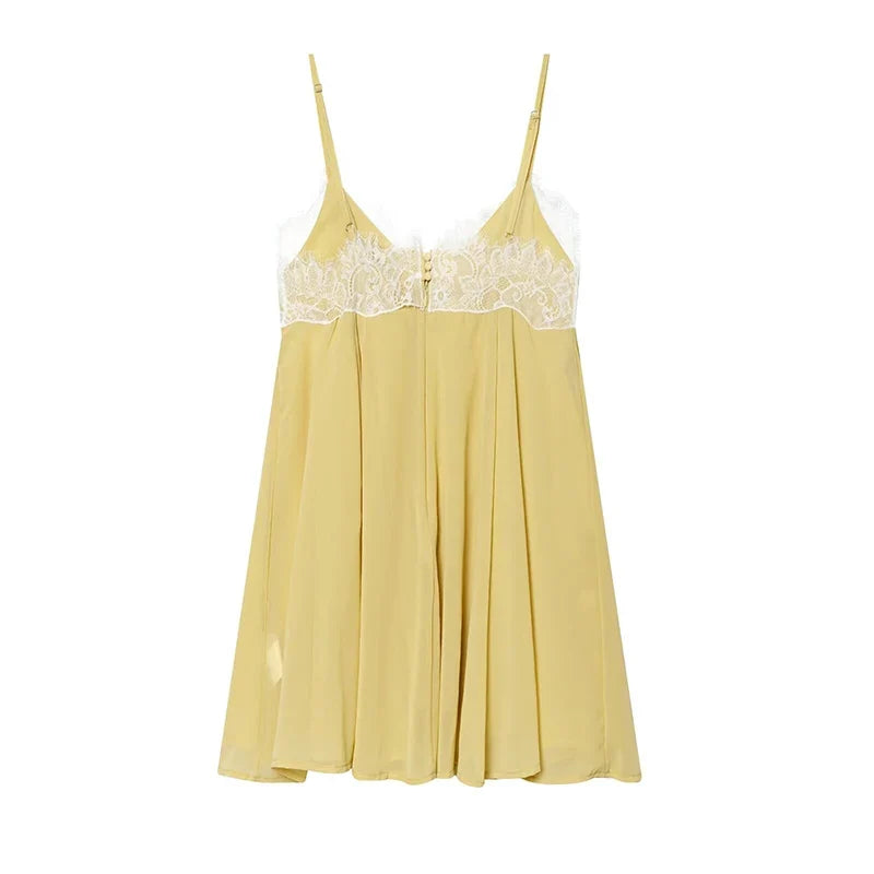 Light Yellow Lace Trim Sling Dresses