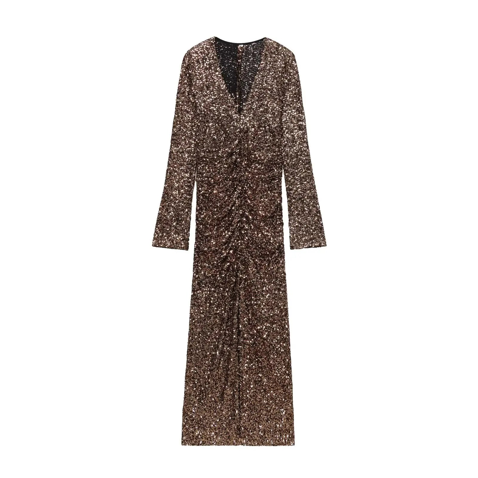 Side Draping V Neck Bodycon Long Sequin Dresses Party Sexy Maxi Vestidos