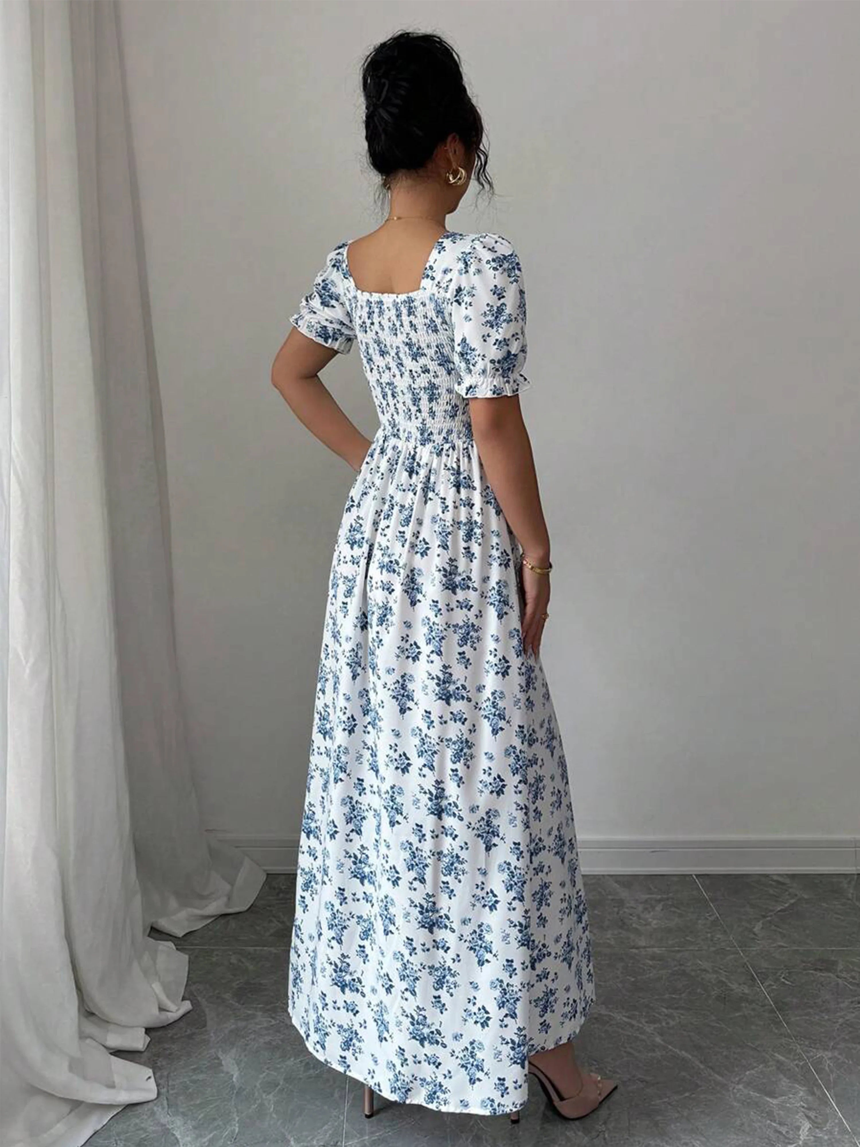 Summer Elegant Casual Puff Sleeve Square Neck White & Blue Floral Print Maxi Dresses