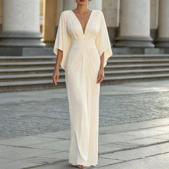 Ladies Sexy Hollow Host Dresses Deep V Batwing Sleeve Commuter Long Dresses