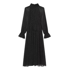 French Style Polka Dot High Neck Pleated Chiffon Dresses