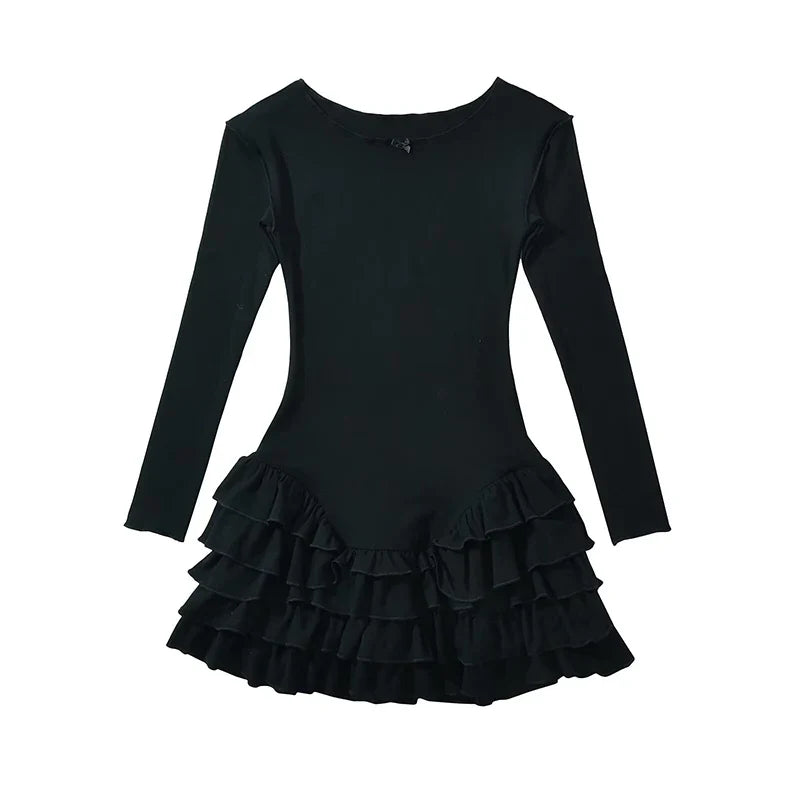 Y2k Long Sleeve O Neck Ruffle Dresses Spring Basics Vestidos Mujer Spicy Girl Style Sexy Mini Dress