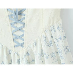 French Sweet Princess Floral Print Vacation Party Dresses Front Lace Up Puff Sleeve A-line Midi Summer Dress