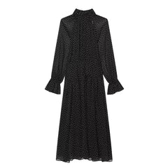 French Style Polka Dot High Neck Pleated Chiffon Dresses