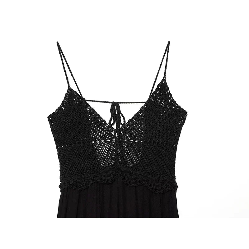 Summer Black Crochet Patchowrk Sling Maxi Dresses