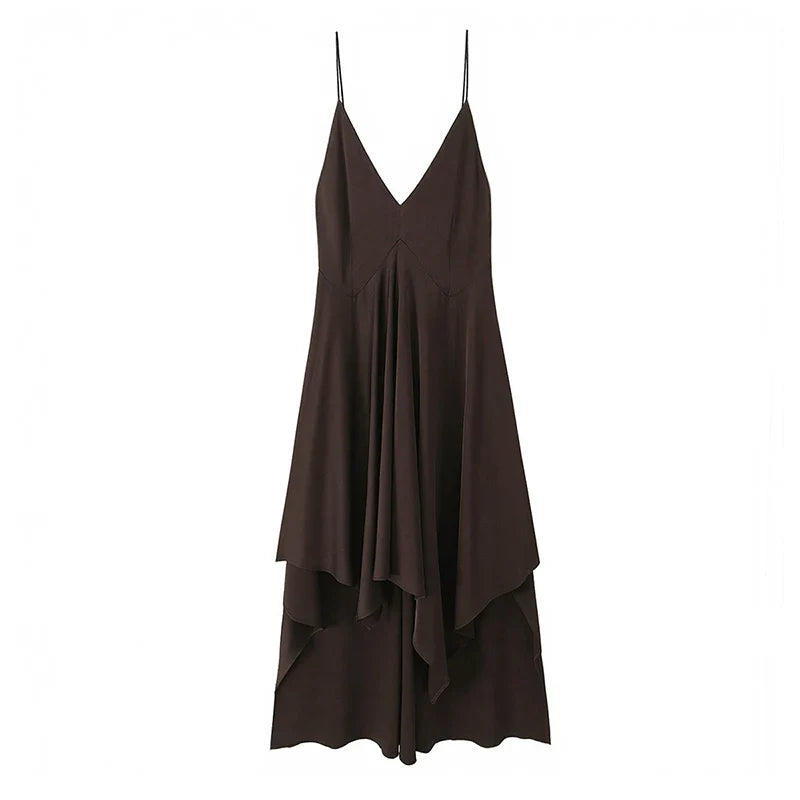 Brown Asymmetric Ruffled Sling Sexy Dresses Casual Cocktail Party Vestidos
