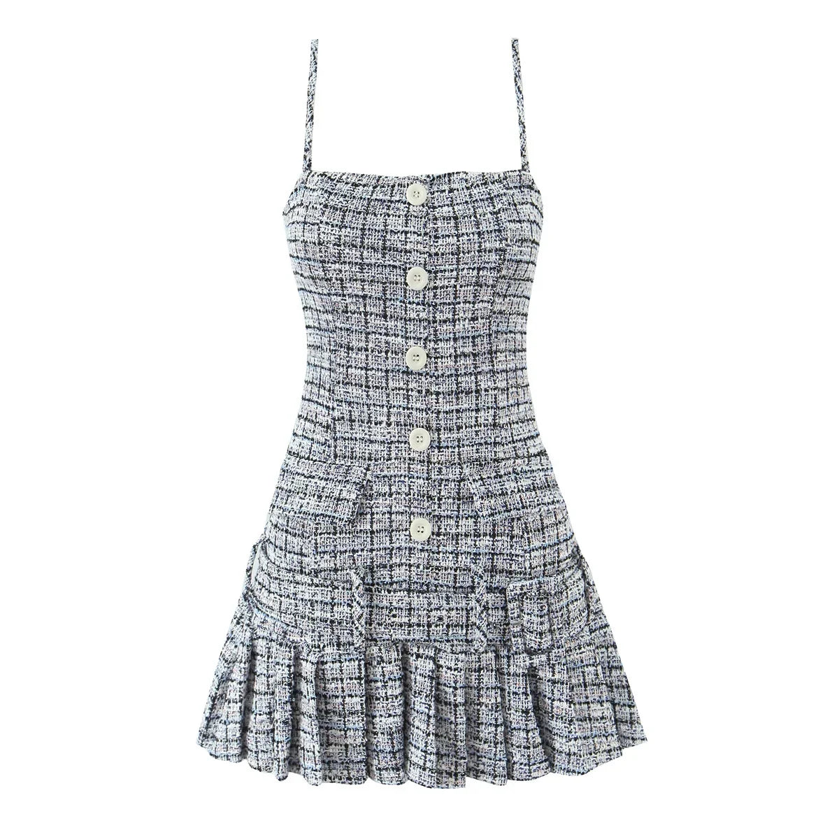 Vintage Plaid Front Button With Belt Pleated Hem Knit Sling Mini Dresses Sexy Robe