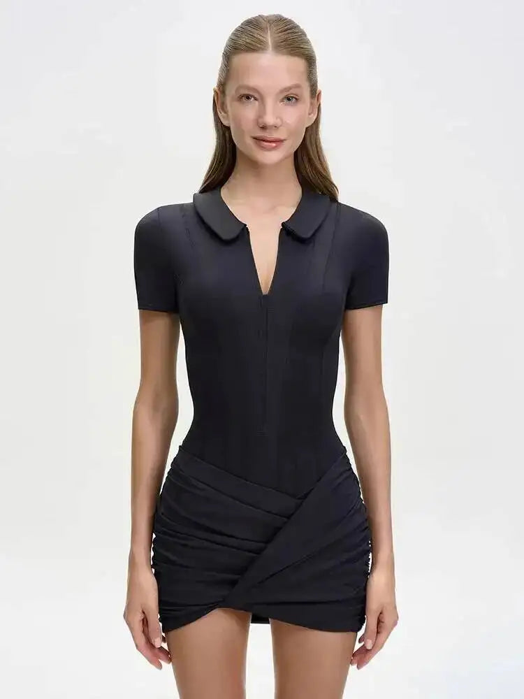 Simple Polo Collar Short Sleeved Slim Fit Hip Hugging Jumpsuit Clothing Summer 19DB1986