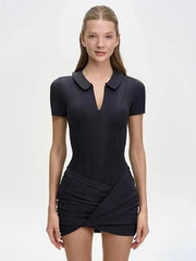 Simple Polo Collar Short Sleeved Slim Fit Hip Hugging Jumpsuit Clothing Summer 19DB1986