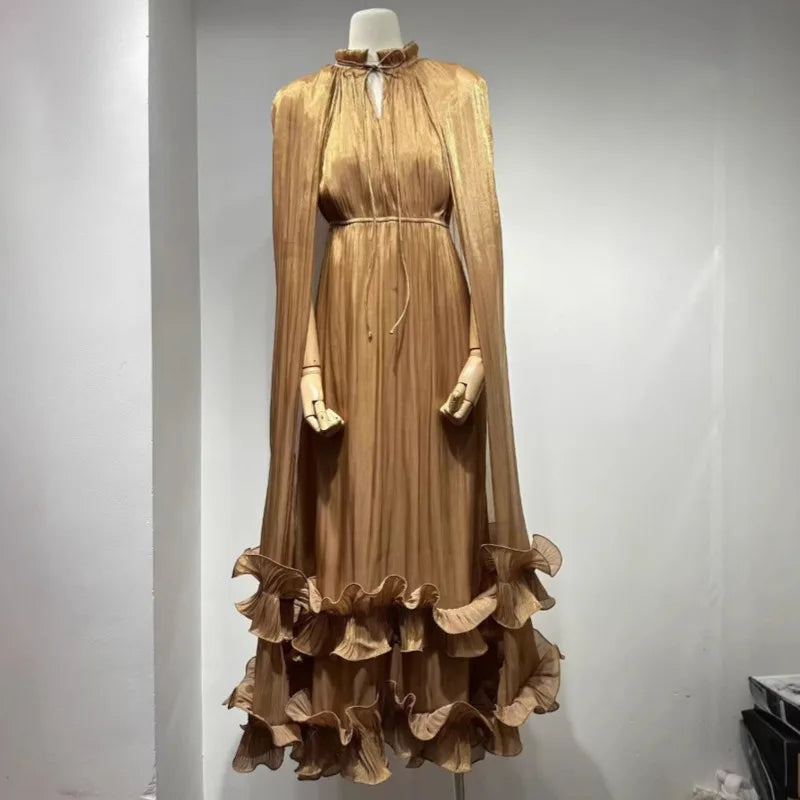 French Style V-neck Fungus Edge Double-layer Hem Long Dresses For Autumn Ladies Party Evening Clothing