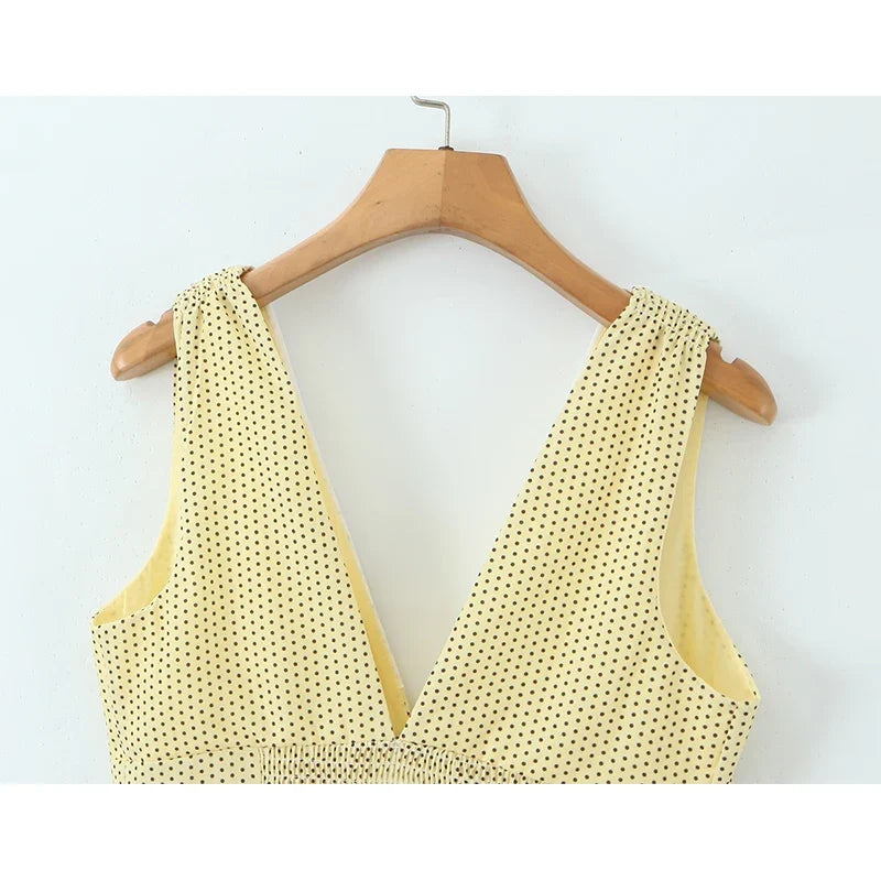 V-Neck Slim Fit Yellow Polka Dot Dresses
