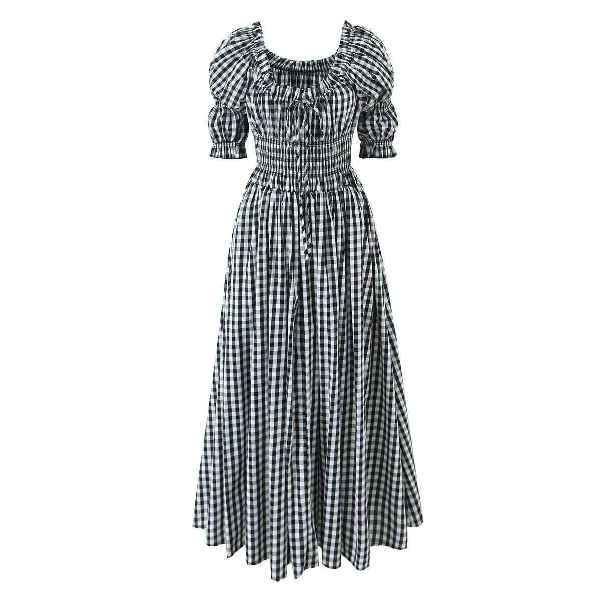 French Style Vintage Puff Sleeve Plaid Dresses