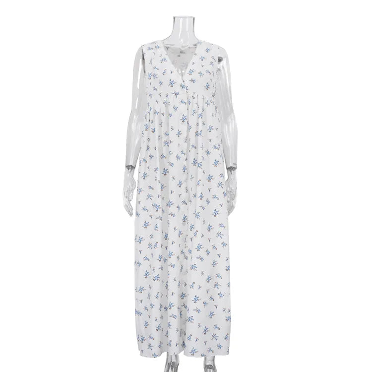 Casual Printed V-neck Sleeveless Single Breasted Dresses
