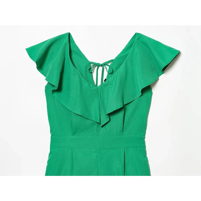 Ruffle V Neck Green Short Jumpsuit Holiday Casual Summer Romper