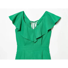 Ruffle V Neck Green Short Jumpsuit Holiday Casual Summer Romper
