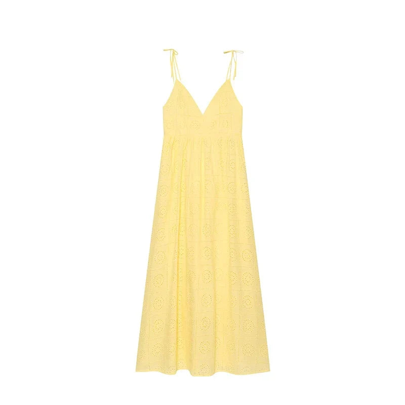 Summer Hollow Out Embroidery Sling Midi Dresses