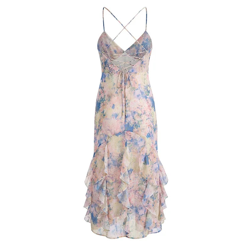 Sexy Backless Sling Floral Print Ruffle Long Dresses