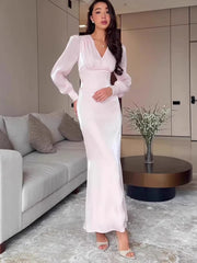 Elegant V Neck Puff Sleeve Maxi Dresses