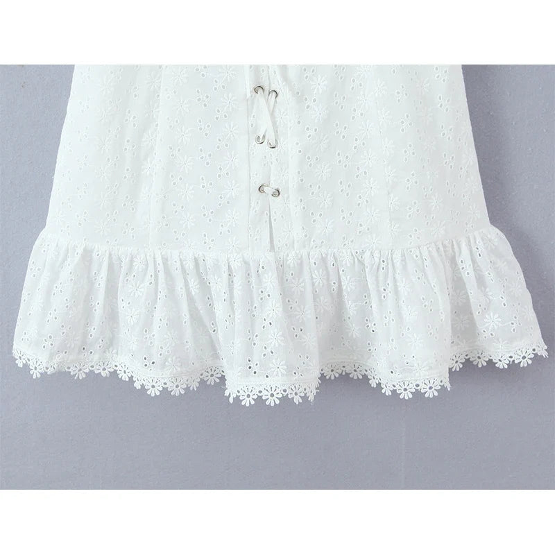Front Lace Up Floral Embroidery White Sexy Off Shoulder Dresses