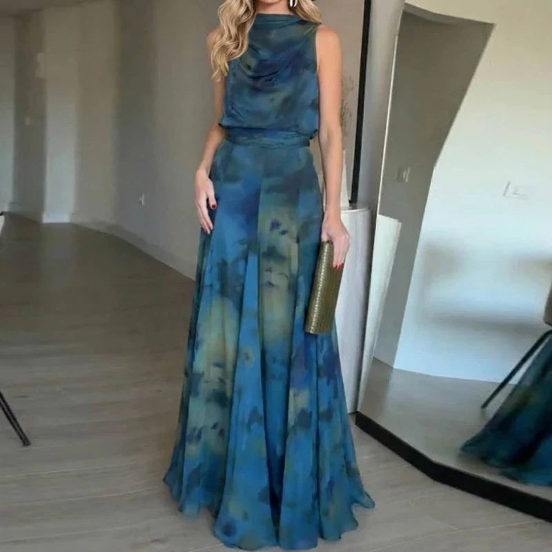 Female O-neck High Waisted Pleated Summer Dresses