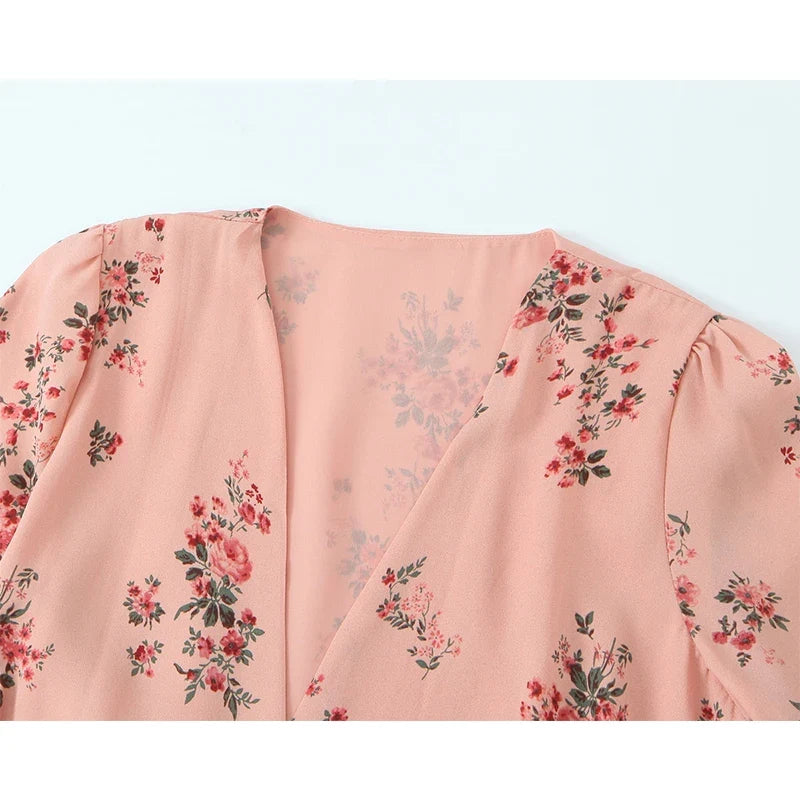 French Style Floral Print Wrap Summer Dresses