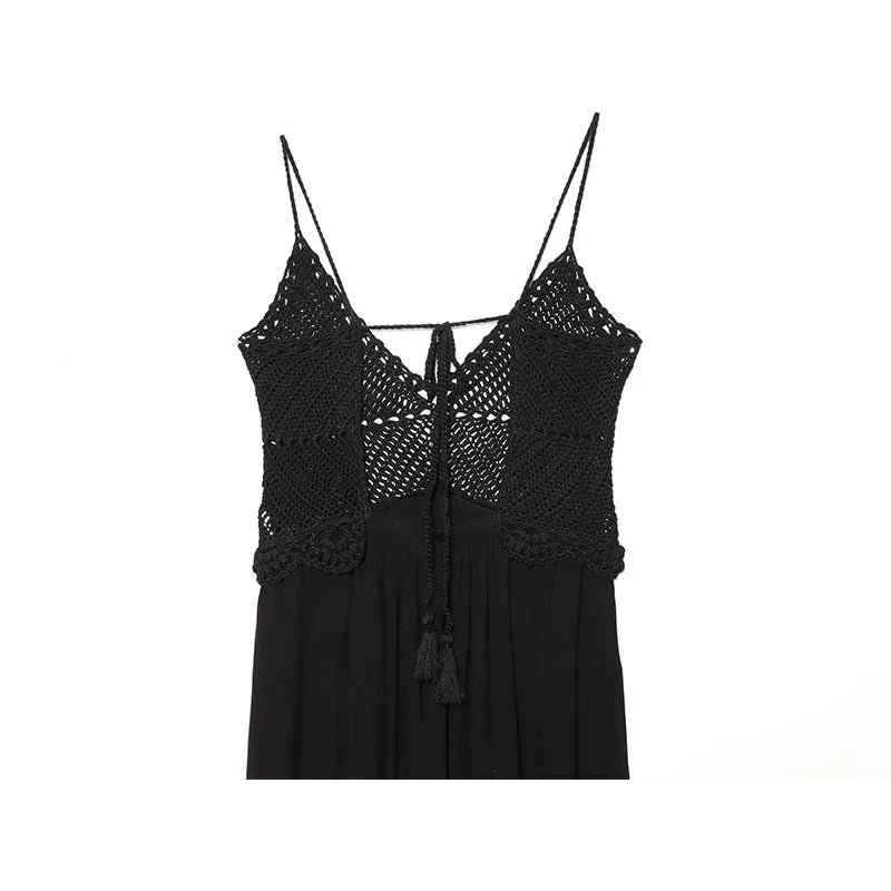 Summer Black Crochet Patchowrk Sling Maxi Dresses