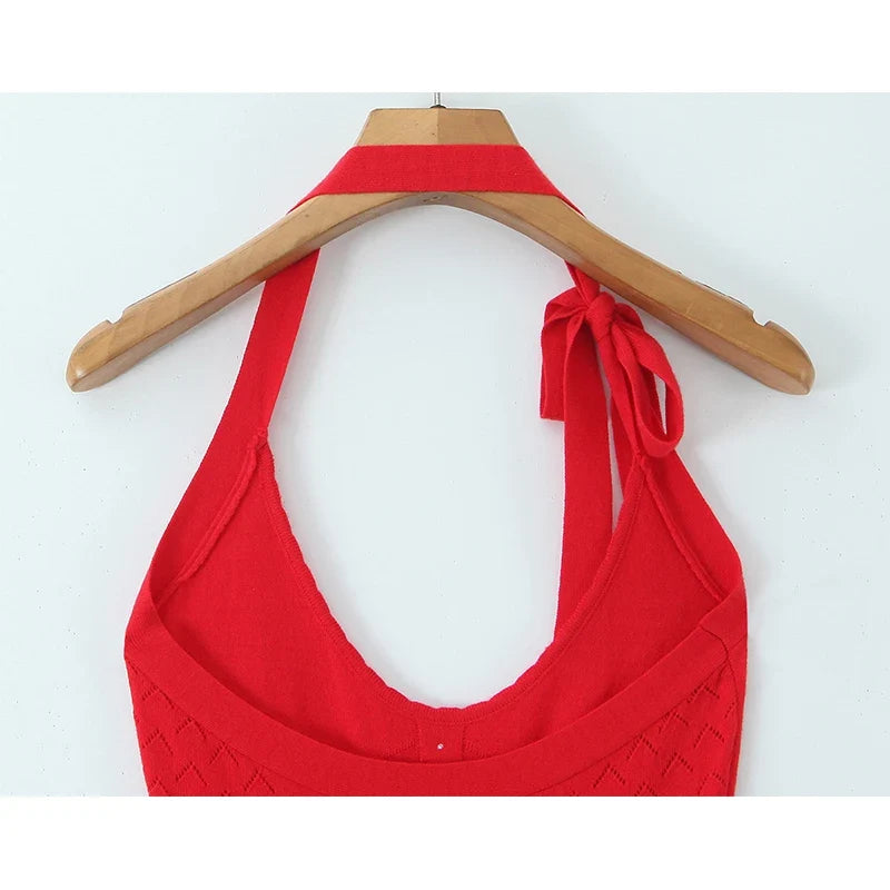Summer Fit Slim Backless Halter Red Knit Dresses Bodycon Mini Sexy Dress
