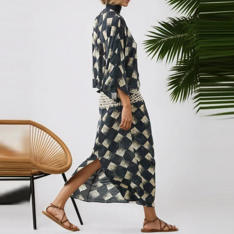 Ladies Sexy Deep V Bohemian Long Dresses Vintage Geometric Print Loose Robe Dresses
