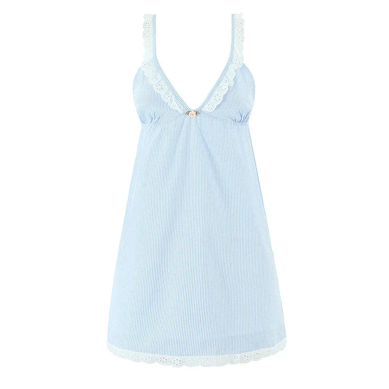 Sexy Spaghetti Straps Lace Spliced Blue Striped Dresses
