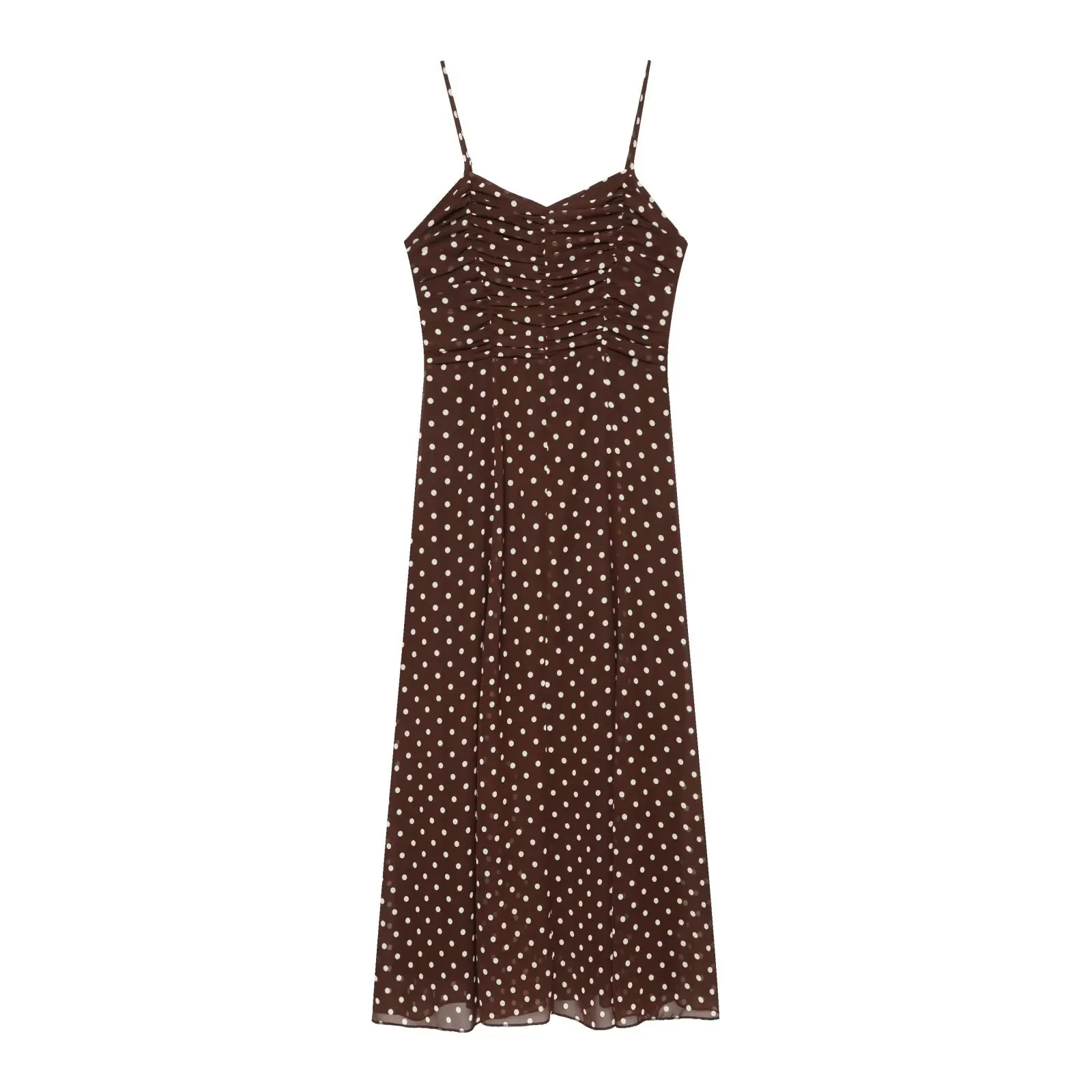 Summer Brown Polka Dot Spaghetti Strap Ruched Front Chiffon Midi Dresses