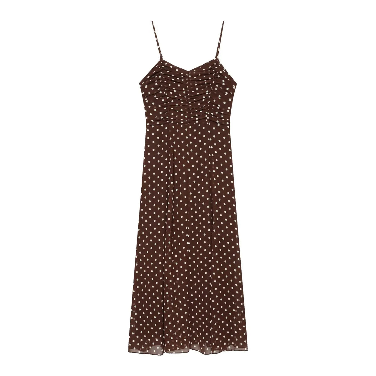 Summer Brown Polka Dot Spaghetti Strap Ruched Front Chiffon Midi Dresses