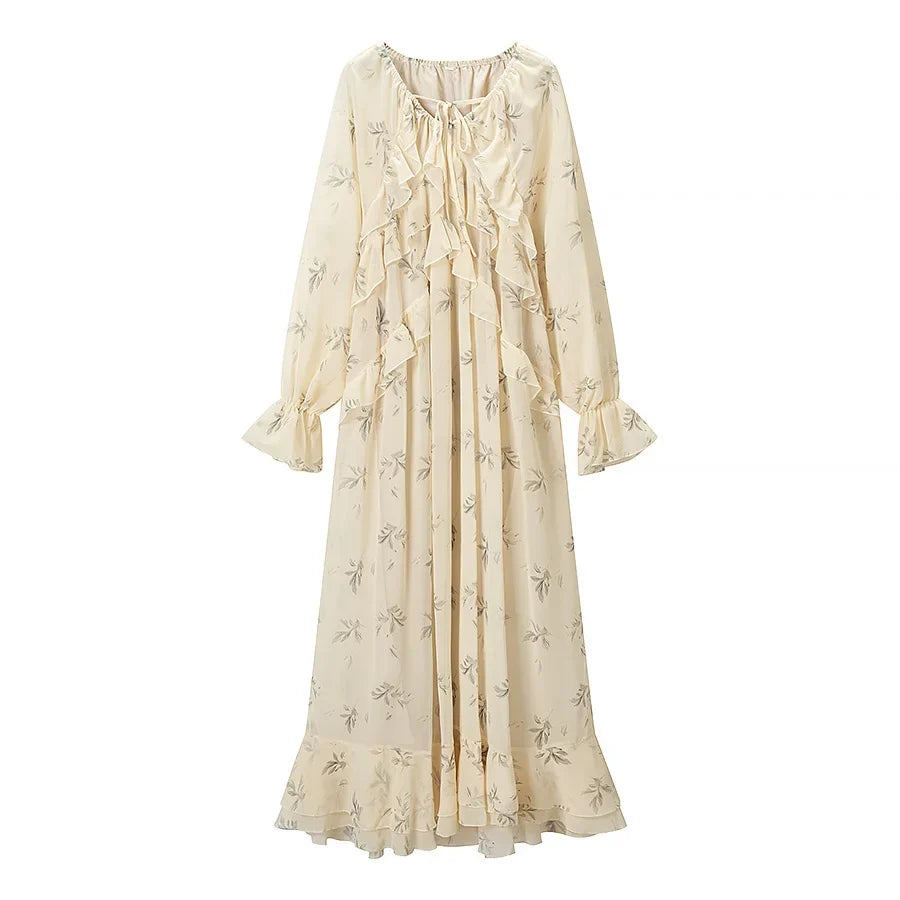 Floral Print Ruffle Trim Long Sleeve Maxi Dresses