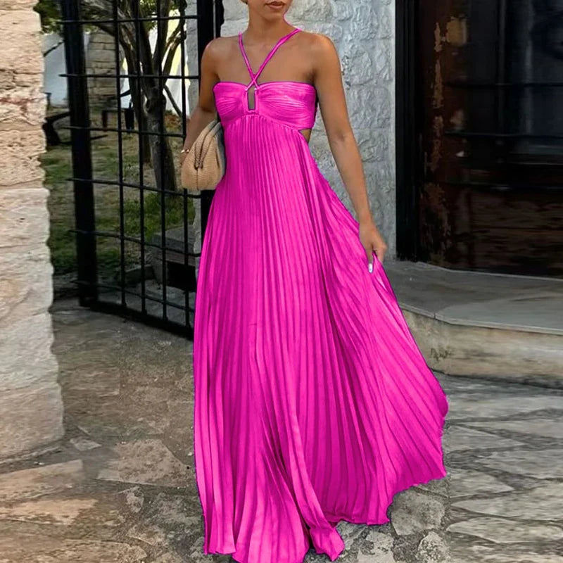 Blue High Waist Pleats Robe Dresses
